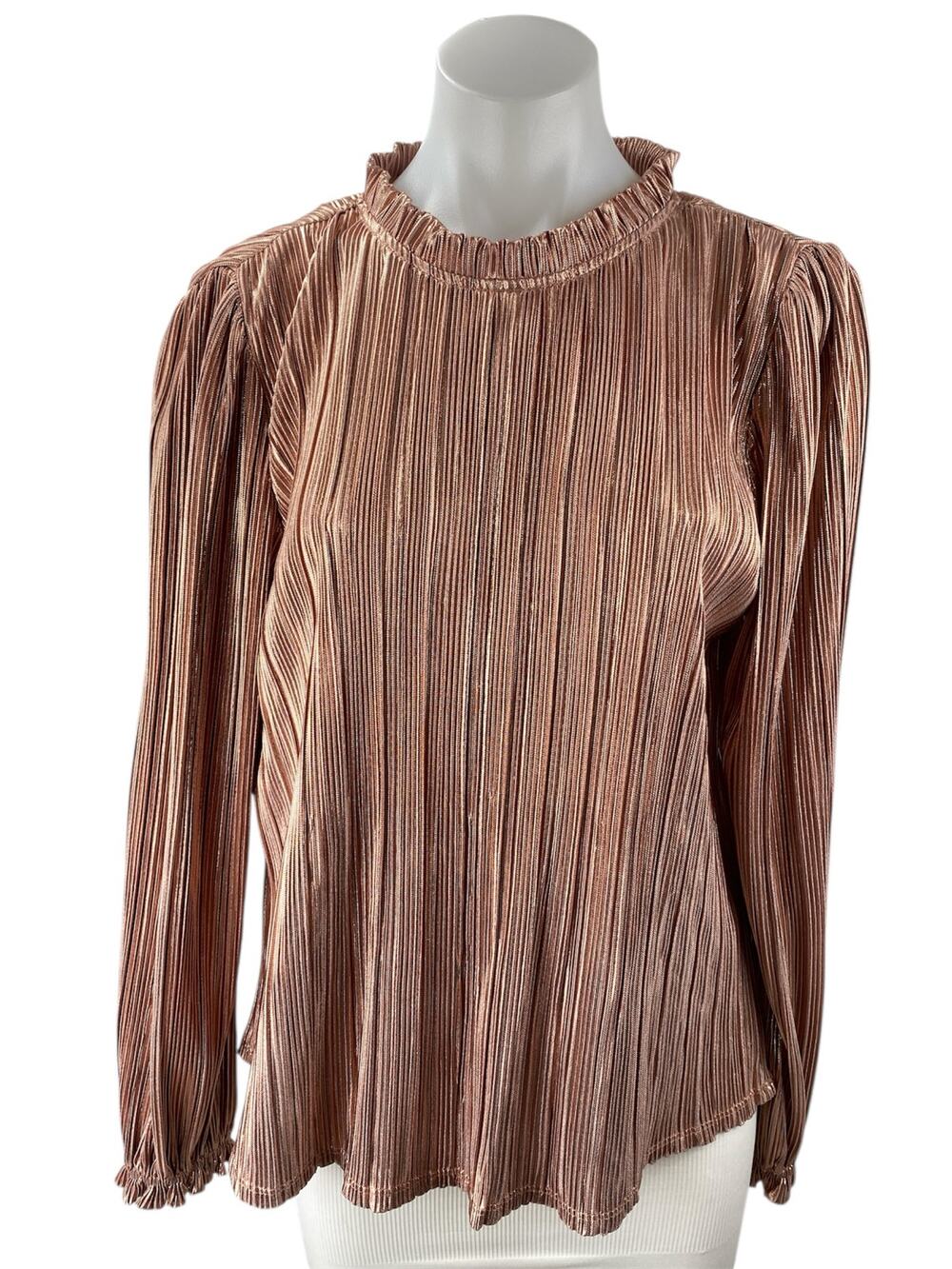 Aqua Womens Brown Ruffle Mock Neck Plisse Pleated Long Sleeve Blouse Top Size S